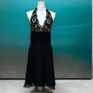 Dress Barn Vtg Silk Black and Gold Lace Embroidered Halter V Neck Cocktail Dress